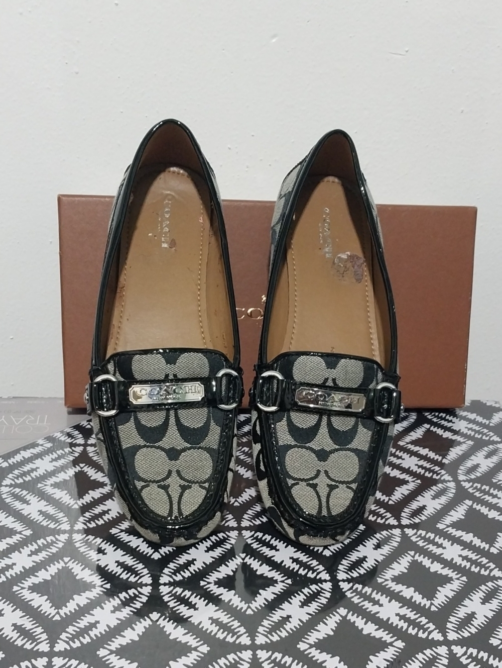 Coach Black Signature Canvas Loafers with Patent Trim